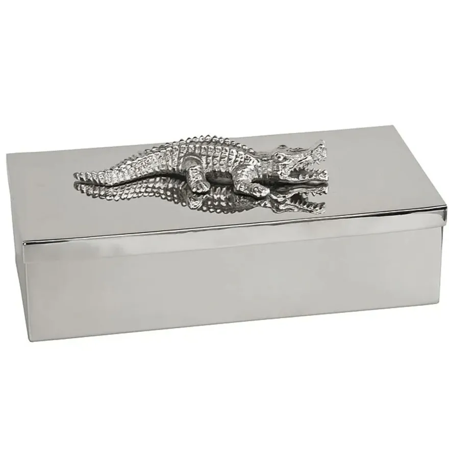 Casa Padrino Luxus Deko Dose Silber 30 x 15 x H. 9 cm - Schatulle mit Krokodil auf dem Deckel