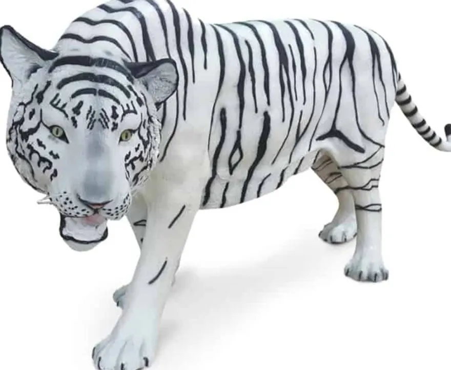 Casa Padrino Luxus Dekofigur Weißer Tiger Weiß / Schwarz 250 x 55 x H. 90 cm - Lebensgroße Dekofigur - Riesige Tierfigur - Gartendeko Skulptur