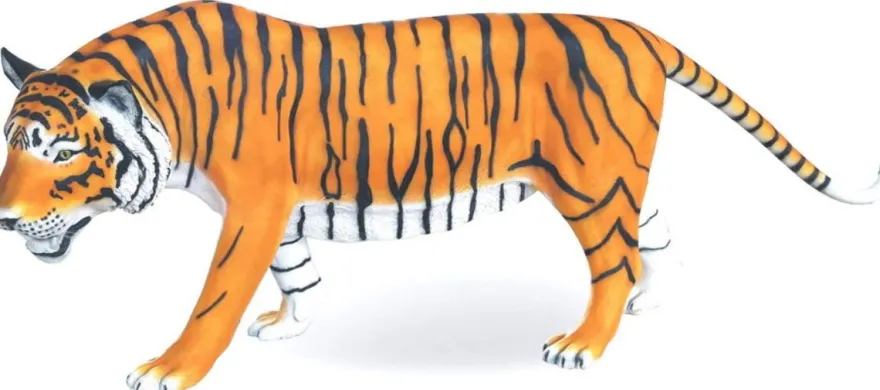 Casa Padrino Luxus Dekofigur Tiger Orange / Gelb / Weiß / Schwarz 250 x 55 x H. 90 cm - Lebensgroße Dekofigur - Riesige Tierfigur - Gartendeko Skulptur