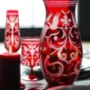 Casa Padrino Luxus Deko Glas Vase Rot / Silber Ø 14 x H. 30 cm - Handgefertigte und handgravierte Blumenvase - Hotel & Restaurant Accessoires - Luxus Qualität