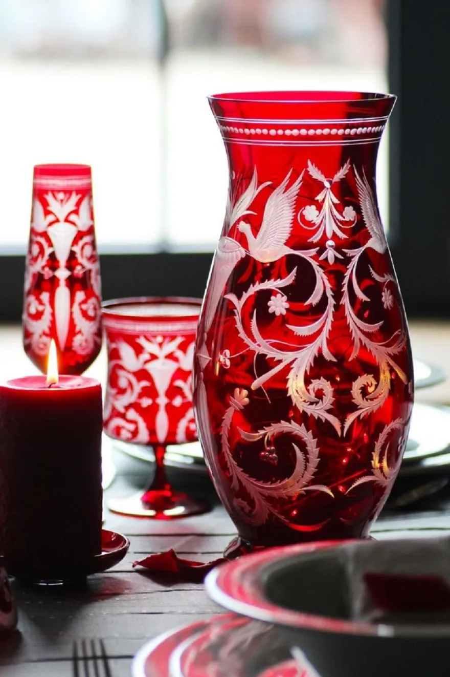 Casa Padrino Luxus Deko Glas Vase Rot / Silber Ø 14 x H. 30 cm - Handgefertigte und handgravierte Blumenvase - Hotel & Restaurant Accessoires - Luxus Qualität
