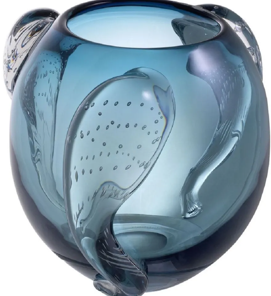 Casa Padrino Luxus Deko Glas Vase Blau Ø 32 x H. 28 cm - Elegante mundgeblasene Blumenvase - Luxus Deko Accessoires