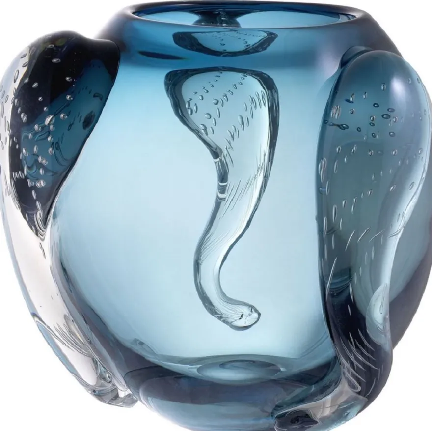 Casa Padrino Luxus Deko Glas Vase Blau Ø 32 x H. 28 cm - Elegante mundgeblasene Blumenvase - Luxus Deko Accessoires