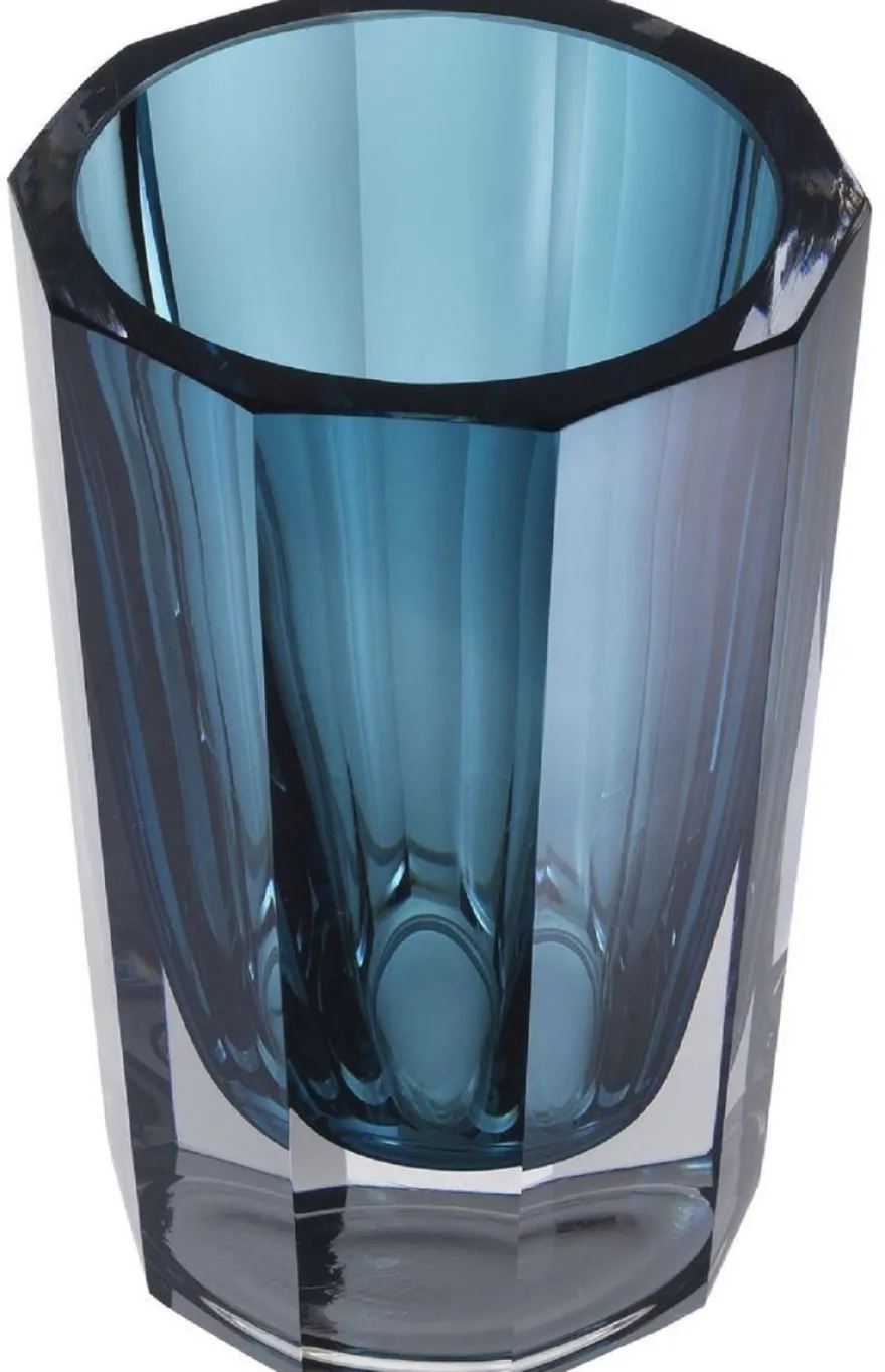 Casa Padrino Luxus Deko Glas Vase Blau Ø 12 x H. 18 cm - Elegante handgefertigte 8-eckige Blumenvase - Deko Accessoires