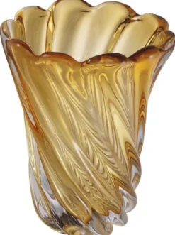 Casa Padrino Luxus Deko Glas Vase Gelb Ø 19,5 x H. 25,5 cm - Mundgeblasene Blumenvase - Luxus Deko Accessoires