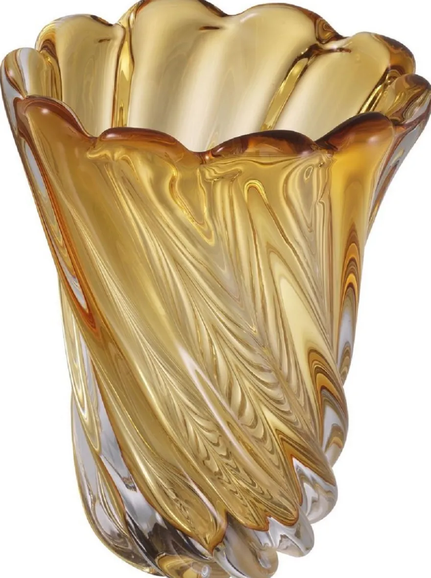 Casa Padrino Luxus Deko Glas Vase Gelb Ø 19,5 x H. 25,5 cm - Mundgeblasene Blumenvase - Luxus Deko Accessoires