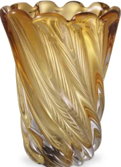 Casa Padrino Luxus Deko Glas Vase Gelb Ø 19,5 x H. 25,5 cm - Mundgeblasene Blumenvase - Luxus Deko Accessoires