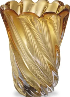 Casa Padrino Luxus Deko Glas Vase Gelb Ø 19,5 x H. 25,5 cm - Mundgeblasene Blumenvase - Luxus Deko Accessoires