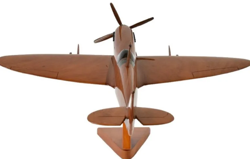 Casa Padrino Luxus Deko Jagdflugzeug Supermarine Spitfire Braun / Schwarz 40 x 36 x H. 20 cm - Holz Flugzeug mit Ständer - Propellerflugzeug - Modellflugzeug - Schreibtisch Deko - Deko Accessoires