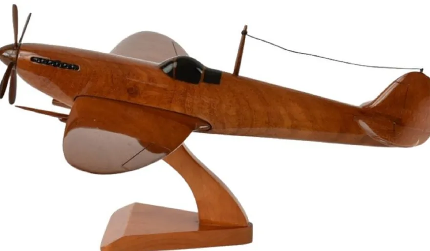 Casa Padrino Luxus Deko Jagdflugzeug Supermarine Spitfire Braun / Schwarz 40 x 36 x H. 20 cm - Holz Flugzeug mit Ständer - Propellerflugzeug - Modellflugzeug - Schreibtisch Deko - Deko Accessoires