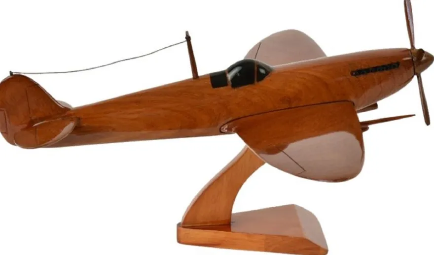 Casa Padrino Luxus Deko Jagdflugzeug Supermarine Spitfire Braun / Schwarz 40 x 36 x H. 20 cm - Holz Flugzeug mit Ständer - Propellerflugzeug - Modellflugzeug - Schreibtisch Deko - Deko Accessoires