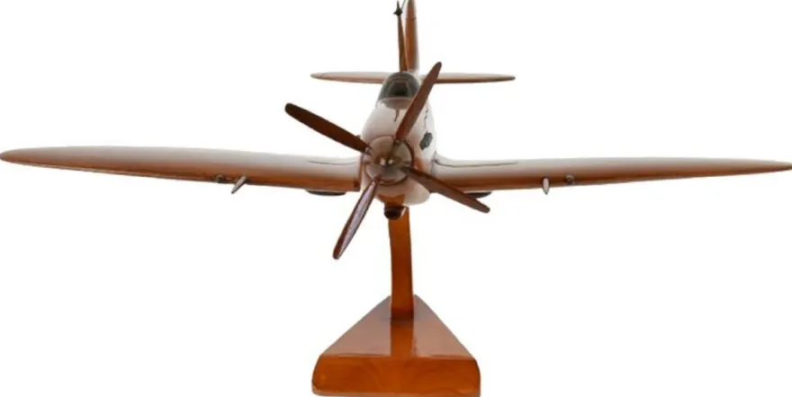 Casa Padrino Luxus Deko Jagdflugzeug Supermarine Spitfire Braun / Schwarz 40 x 36 x H. 20 cm - Holz Flugzeug mit Ständer - Propellerflugzeug - Modellflugzeug - Schreibtisch Deko - Deko Accessoires