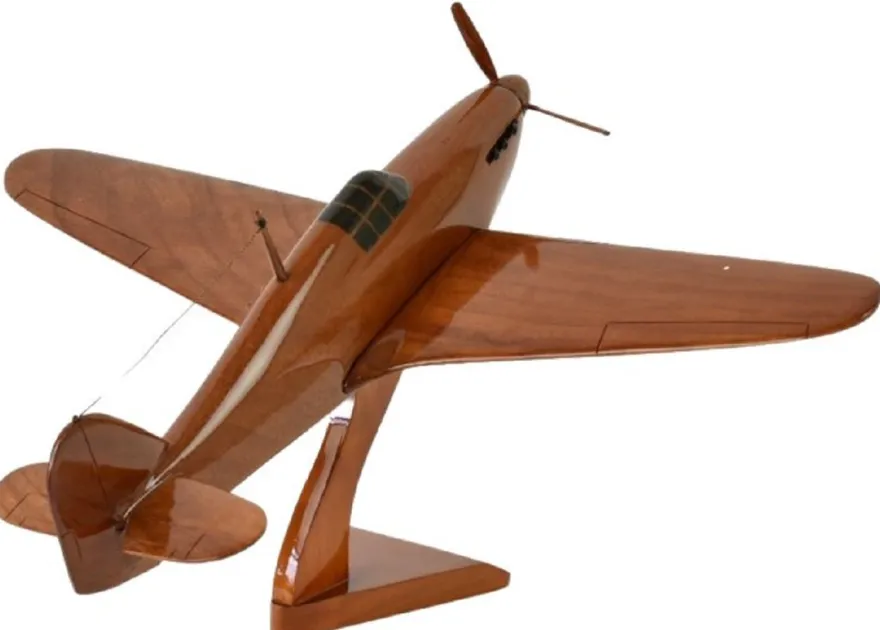 Casa Padrino Luxus Deko Jagdflugzeug Hawker Hurricane Braun / Schwarz 44 x 35 x H. 20 cm - Holz Flugzeug mit Ständer - Propellerflugzeug - Modellflugzeug - Schreibtisch Deko - Deko Accessoires