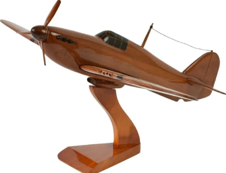Casa Padrino Luxus Deko Jagdflugzeug Hawker Hurricane Braun / Schwarz 44 x 35 x H. 20 cm - Holz Flugzeug mit Ständer - Propellerflugzeug - Modellflugzeug - Schreibtisch Deko - Deko Accessoires