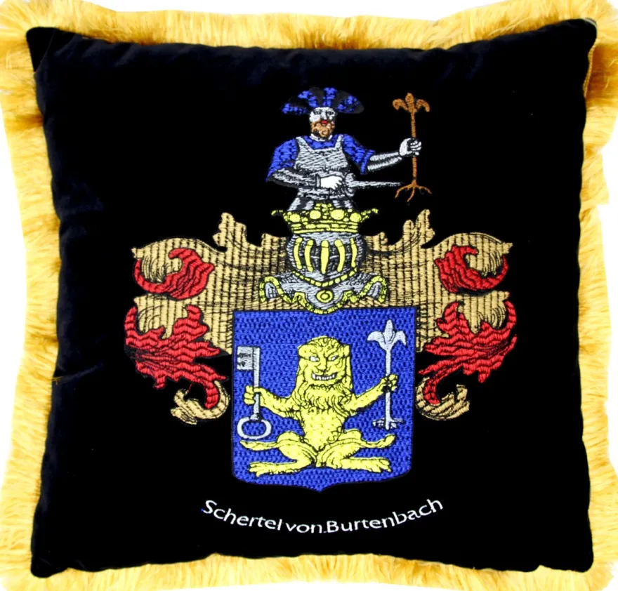 Casa Padrino Luxus Deko Kissen Wappen Freiherr Schertel von Burtenbach Schwarz / Gold