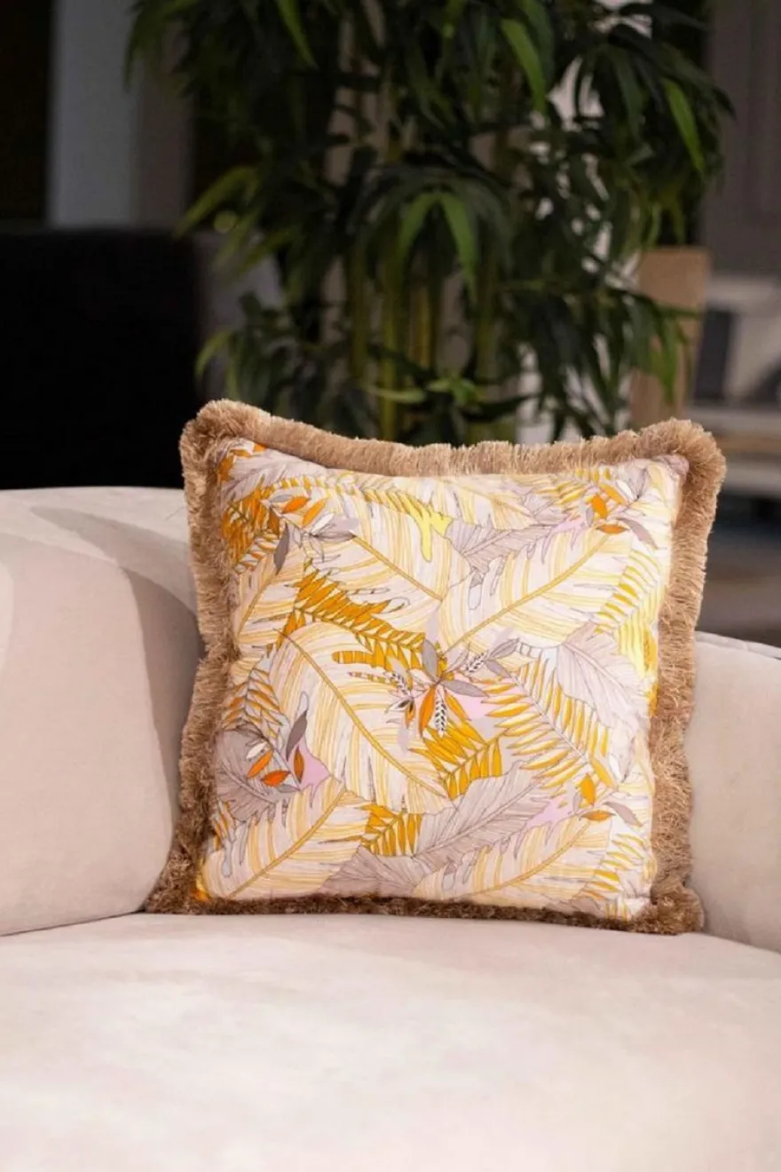 Casa Padrino Luxus Deko Kissen Blätter Design Mehrfarbig / Braun 45 x 45 cm - Bedrucktes Samt Kissen mit Fransen - Deko Accessoires