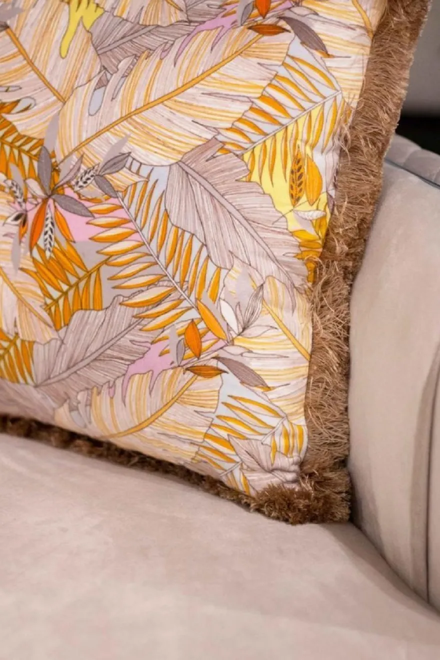 Casa Padrino Luxus Deko Kissen Blätter Design Mehrfarbig / Braun 45 x 45 cm - Bedrucktes Samt Kissen mit Fransen - Deko Accessoires
