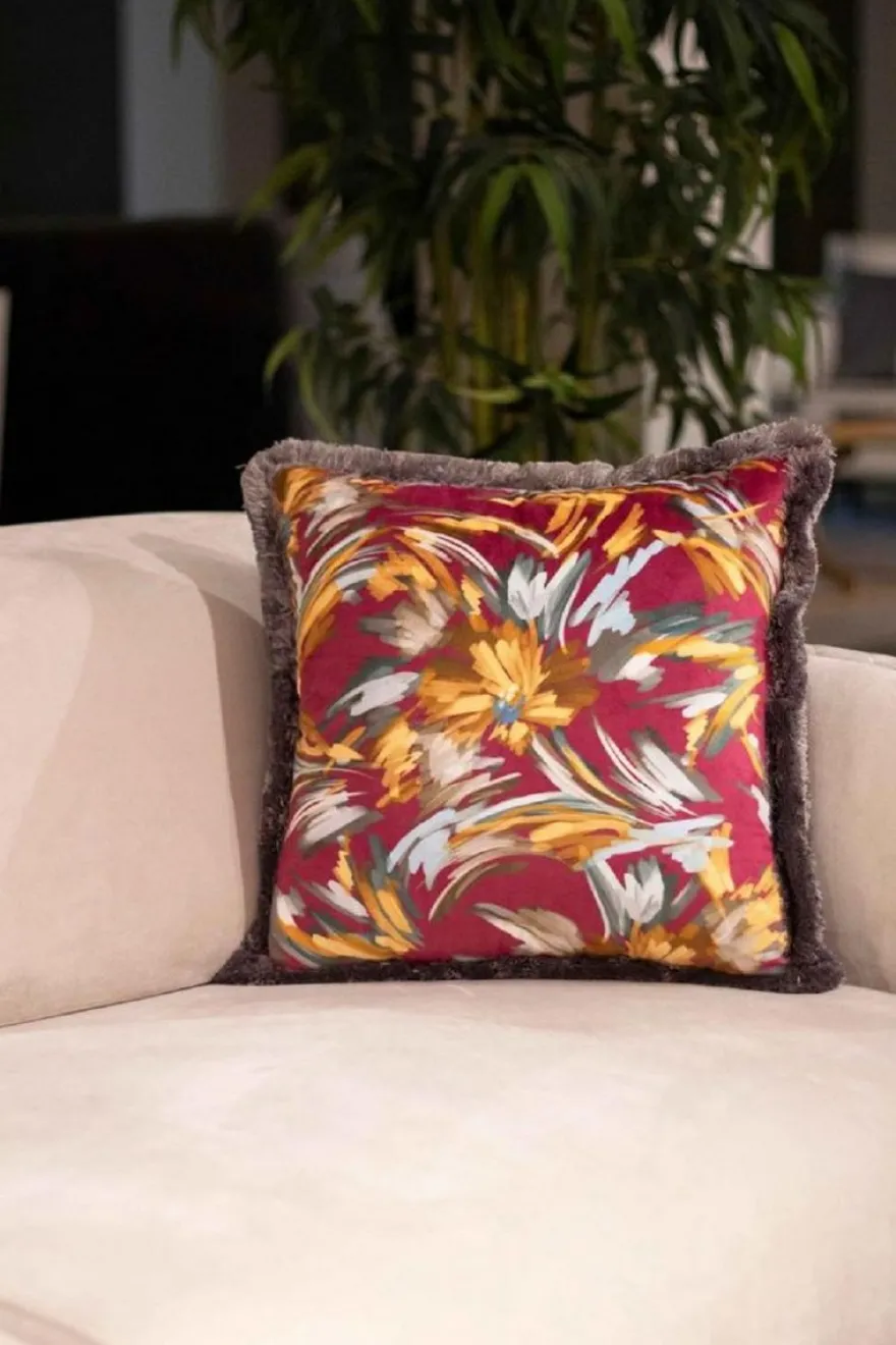 Casa Padrino Luxus Deko Kissen Blumen Design Rot / Mehrfarbig / Grau 45 x 45 cm - Bedrucktes Samt Kissen mit Fransen - Deko Accessoires