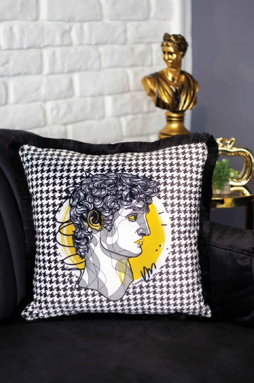 Casa Padrino Luxus Deko Kissen Barock Büste Weiß / Grau / Gelb / Schwarz 45 x 45 cm - Bedrucktes Samt Kissen mit Fransen - Luxus Deko Accessoires