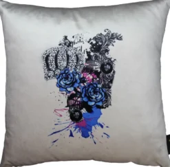 Casa Padrino Luxus Dekokissen Harald Glööckler Pompöös Blaue Rosen Creme / Schwarz mit Krone und Strass Steinen 40 x 40 cm