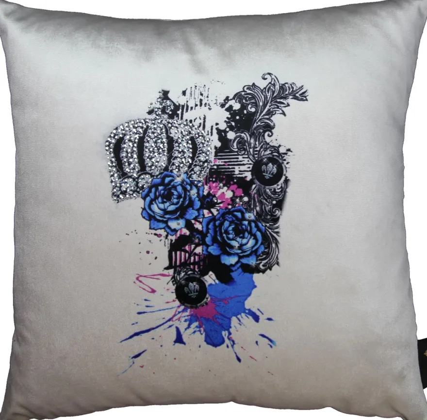 Casa Padrino Luxus Dekokissen Harald Glööckler Pompöös Blaue Rosen Creme / Schwarz mit Krone und Strass Steinen 40 x 40 cm