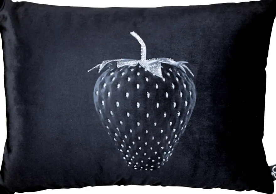 Casa Padrino Luxus Deko Kissen Strawberry mit Bling Bling Glitzersteinen Schwarz / Silber 35 x 55 cm - Feinster Samtstoff - Luxus Deko Accessoires