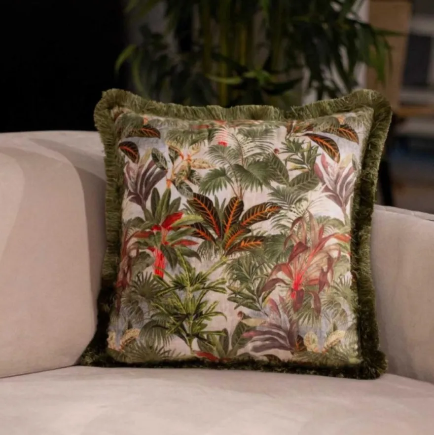 Casa Padrino Luxus Deko Kissen Dschungel Design Mehrfarbig / Grün 45 x 45 cm - Bedrucktes Samt Kissen mit Fransen - Deko Accessoires
