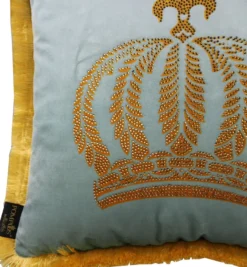 Casa Padrino Luxus Dekokissen Pompöös by Harald Glööckler Helltürkis / Gold mit Krone und Strass 50 x 50 cm