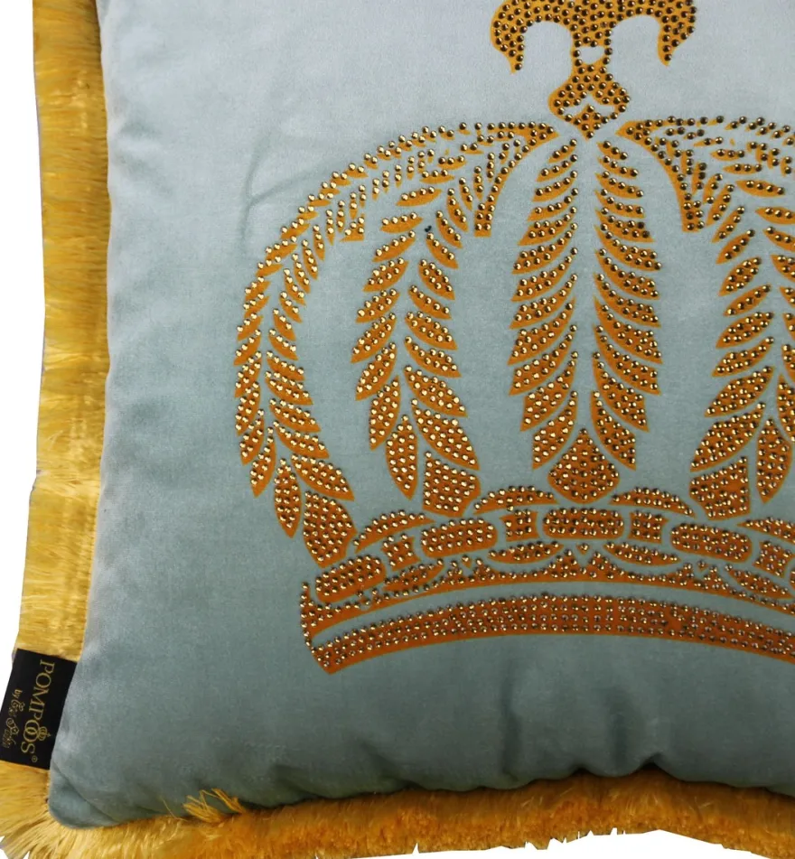 Casa Padrino Luxus Dekokissen Pompöös by Harald Glööckler Helltürkis / Gold mit Krone und Strass 50 x 50 cm