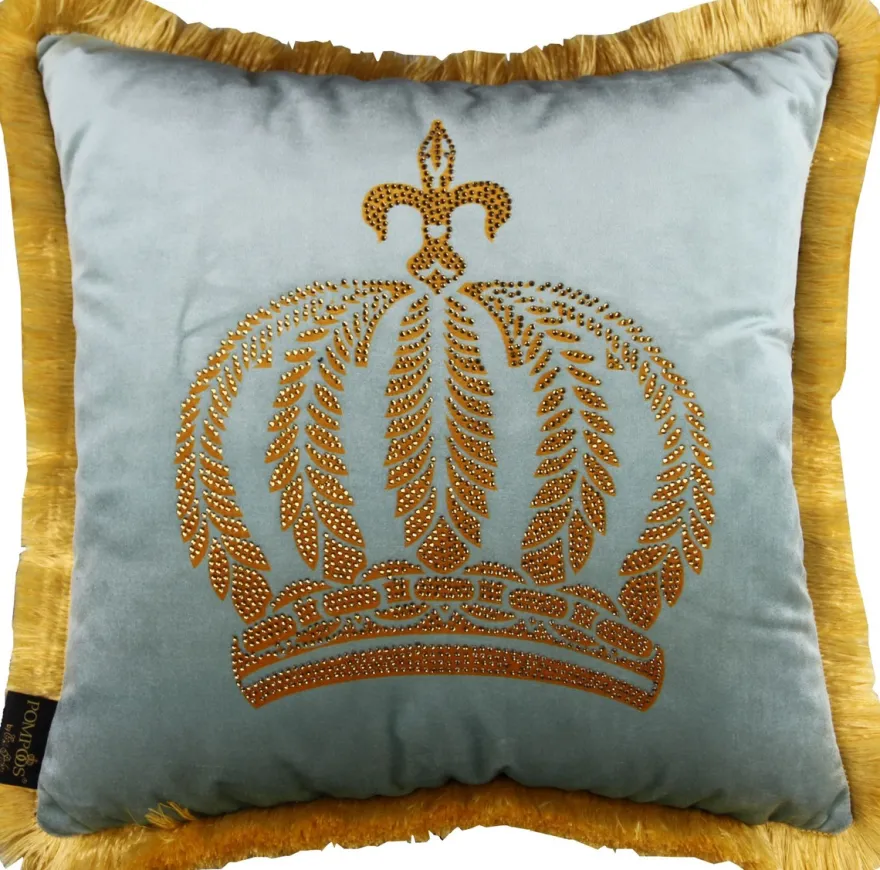 Casa Padrino Luxus Dekokissen Pompöös by Harald Glööckler Helltürkis / Gold mit Krone und Strass 50 x 50 cm