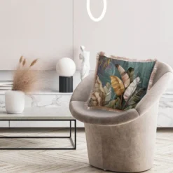 Casa Padrino Luxus Deko Kissen Sträucher Mehrfarbig / Braun 45 x 45 cm - Bedrucktes Samt Kissen mit Fransen - Luxus Deko Accessoires
