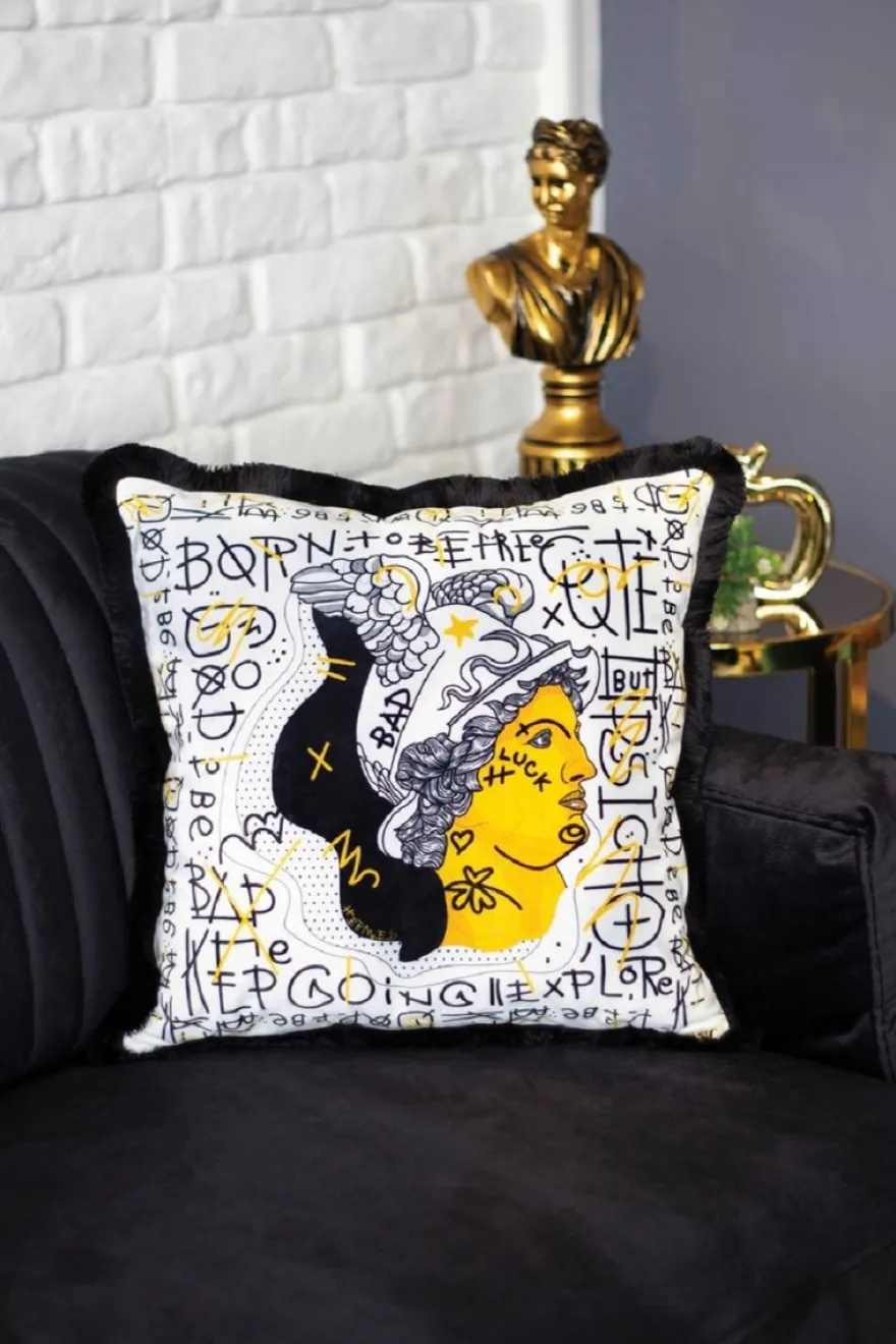 Casa Padrino Luxus Deko Kissen Weiß / Gelb / Schwarz 45 x 45 cm - Bedrucktes Samt Kissen mit Fransen - Luxus Deko Accessoires