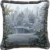 Casa Padrino Luxus Deko Kissen antike Landschaft Mehrfarbig / Grau 45 x 45 cm - Bedrucktes Samt Kissen mit Fransen - Luxus Deko Accessoires