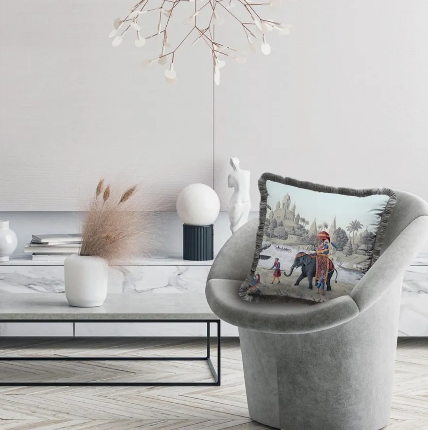 Casa Padrino Luxus Deko Kissen Palast Mehrfarbig / Grau 45 x 45 cm - Bedrucktes Samt Kissen mit Fransen - Luxus Deko Accessoires