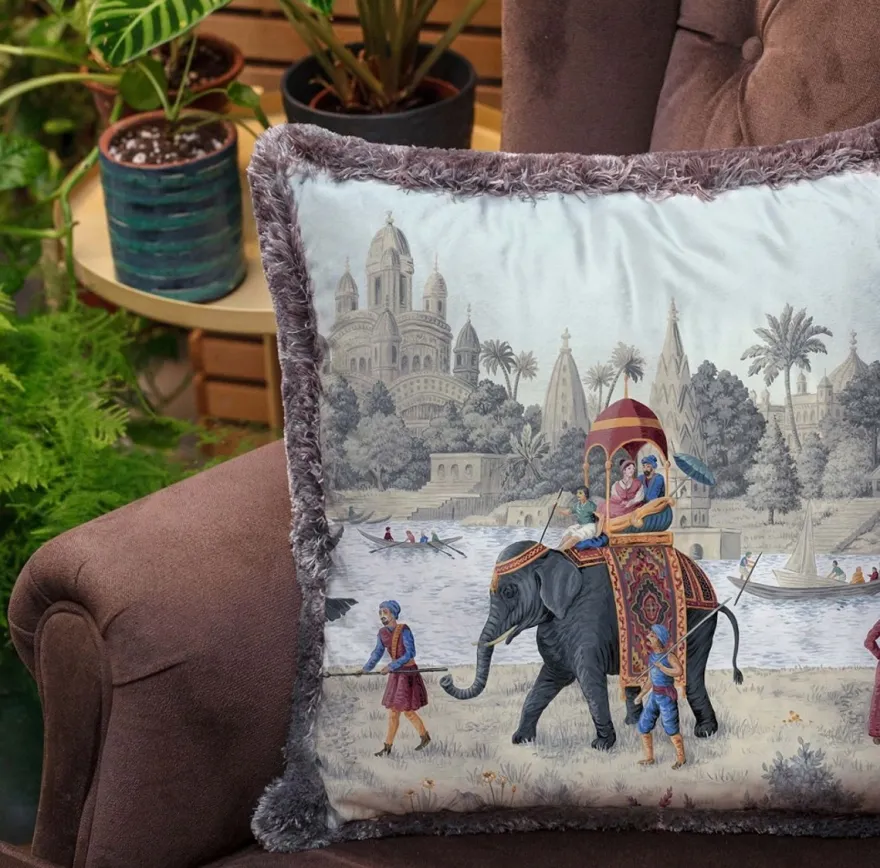 Casa Padrino Luxus Deko Kissen Palast Mehrfarbig / Grau 45 x 45 cm - Bedrucktes Samt Kissen mit Fransen - Luxus Deko Accessoires