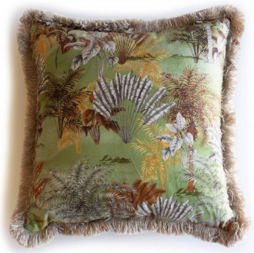 Casa Padrino Luxus Deko Kissen Dschungel Design Grün / Mehrfarbig / Braun 45 x 45 cm - Bedrucktes Samt Kissen mit Fransen - Deko Accessoires