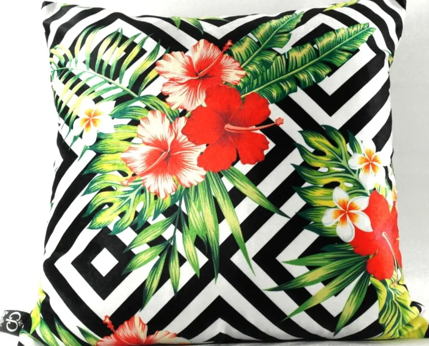 Casa Padrino Luxus Deko Kissen Miami Flowers & Leaves Schwarz / Weiß / Mehrfarbig 45 x 45 cm - Feinster Samtstoff - Luxus Qualität