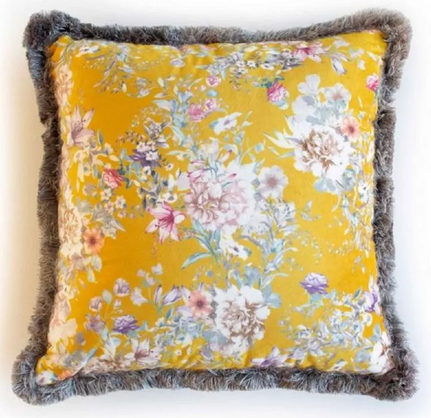 Casa Padrino Luxus Deko Kissen Blumen Design Gelb / Mehrfarbig / Grau 45 x 45 cm - Bedrucktes Samt Kissen mit Fransen - Deko Accessoires