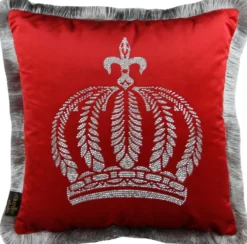 Casa Padrino Luxus Dekokissen Pompöös by Harald Glööckler Rot / Silber mit Krone und Strass Steinen 50 x 50 cm