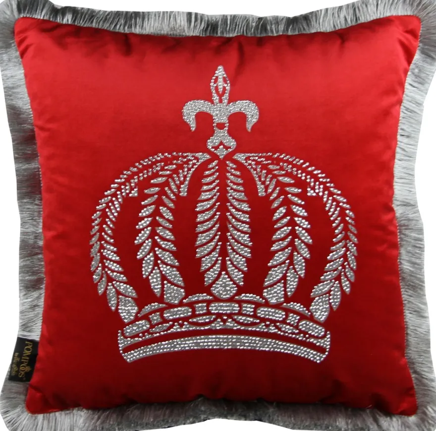 Casa Padrino Luxus Dekokissen Pompöös by Harald Glööckler Rot / Silber mit Krone und Strass Steinen 50 x 50 cm