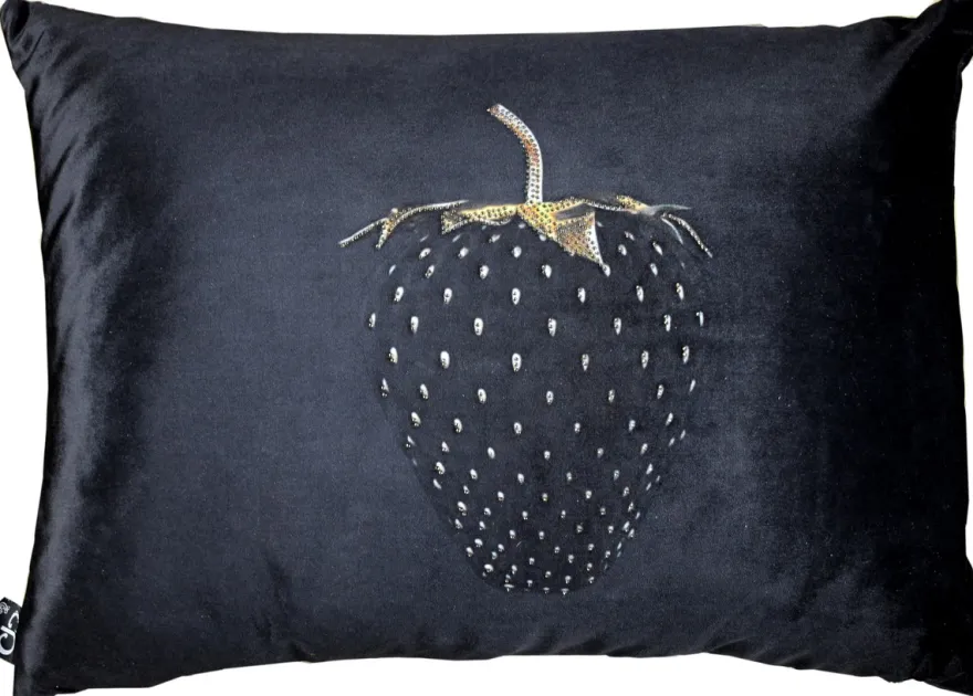 Casa Padrino Luxus Deko Kissen Strawberry mit Bling Bling Glitzersteinen Schwarz / Gold 35 x 55 cm - Feinster Samtstoff - Luxus Deko Accessoires