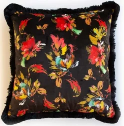 Casa Padrino Luxus Deko Kissen Herbstblätter Design Schwarz / Mehrfarbig 45 x 45 cm - Bedrucktes Samt Kissen mit Fransen - Deko Accessoires