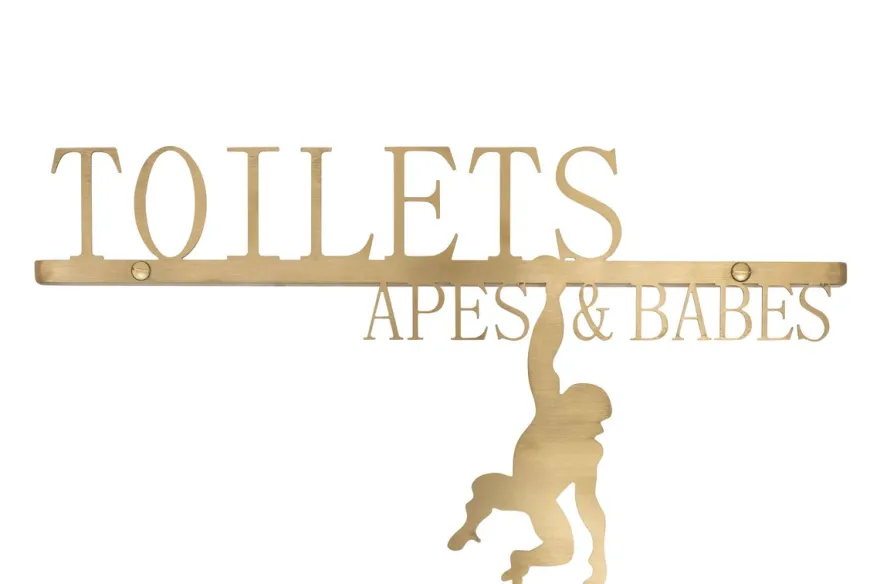 Casa Padrino Luxus Deko Objekt Gold 37 x 1,1 x H. 20 cm - Edelstahl Schild Toilets Apes Babes in gebürsteter Goldoptik - Luxus Deko Accessoires