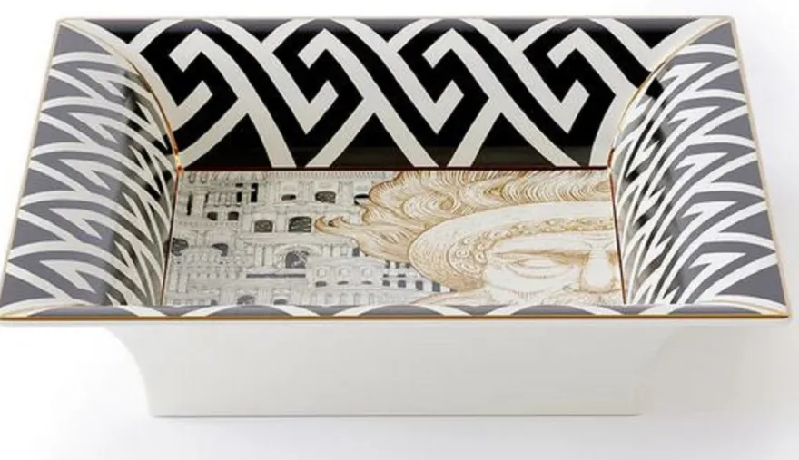 Casa Padrino Luxus Deko Schale Poseidon Weiß / Schwarz / Gold 20,5 x 17,5 x H. 13,5 cm - Handbemalte Porzellan Schale - Luxus Qualität - Made in Italy