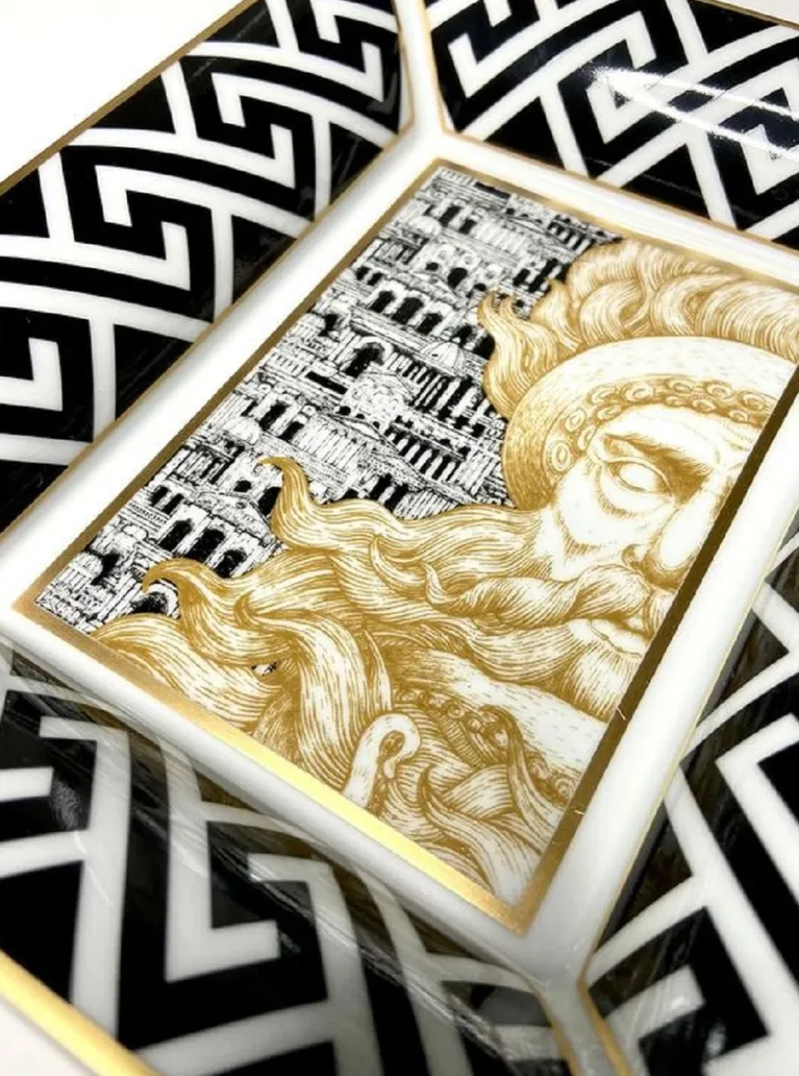Casa Padrino Luxus Deko Schale Poseidon Weiß / Schwarz / Gold 20,5 x 17,5 x H. 13,5 cm - Handbemalte Porzellan Schale - Luxus Qualität - Made in Italy