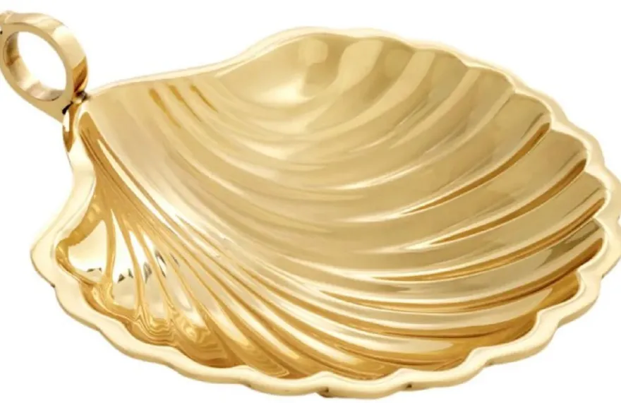 Casa Padrino Luxus Deko Schale in Muschelform Gold 22,5 x 19,5 x H. 5,5 cm - Dekorative Messing Schale mit Tragegriff - Luxus Deko Accessoires - Luxus Qualität