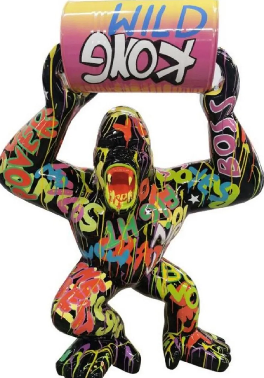 Casa Padrino Luxus Deko Skulptur Gorilla Affe mit Fass Schwarz / Bunt H. 250 cm - Große Deko Figur - XXL Deko Skulptur - XXL Deko Figur - Wohnzimmer Deko - Garten Deko - Luxus Figuren