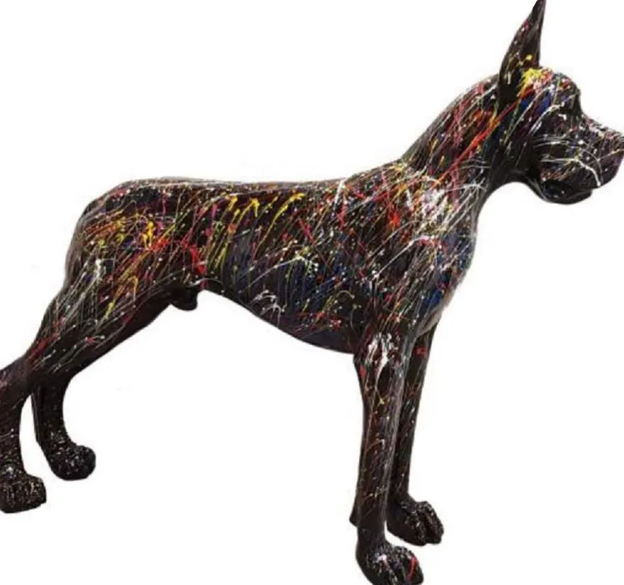 Casa Padrino Luxus Deko Skulptur Hund Dogge Schwarz / Bunt 125 x H. 110 cm - Lebensgroße Deko Figur - XXL Deko Skulptur - XXL Deko Figur - Wohnzimmer Deko - Garten Deko - Luxus Deko XXL Figuren