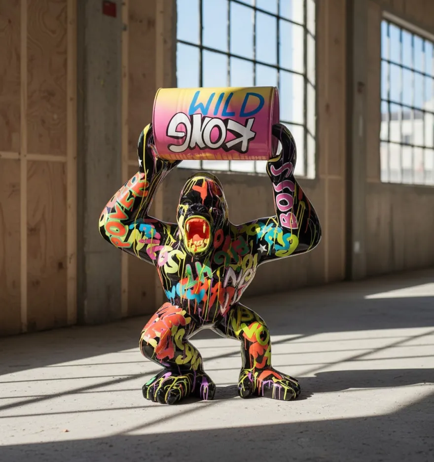 Casa Padrino Luxus Deko Skulptur Affe Kong Wütende Gorilla Metallfass H. 250 cm - Riesige Gartenskulptur - Lebensgroße Skulptur - XXL Deko Skulptur - XXL Deko Figur