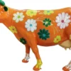 Casa Padrino Luxus Deko Skulptur Kuh Orange / Mehrfarbig 210 x 55 x H. 147 cm - Riesige Gartenskulptur - Lebensgroße Skulptur - XXL Deko Skulptur - XXL Deko Figur - XXL Tierfigur - Deko Tierfigur